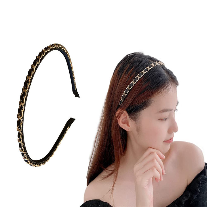 ShiQiao Spl Black Leather Chain Headband Hairband Metal Braided Headbands Thin Hair Bands for Womens Hair Accessories fo