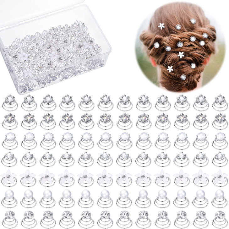 108 Pcs 7 Styles Wedding Crystal Twisters Spiral Set Bridal Rhinestone Hair Pins Silver Coil Pearl White Flower Hair Gem