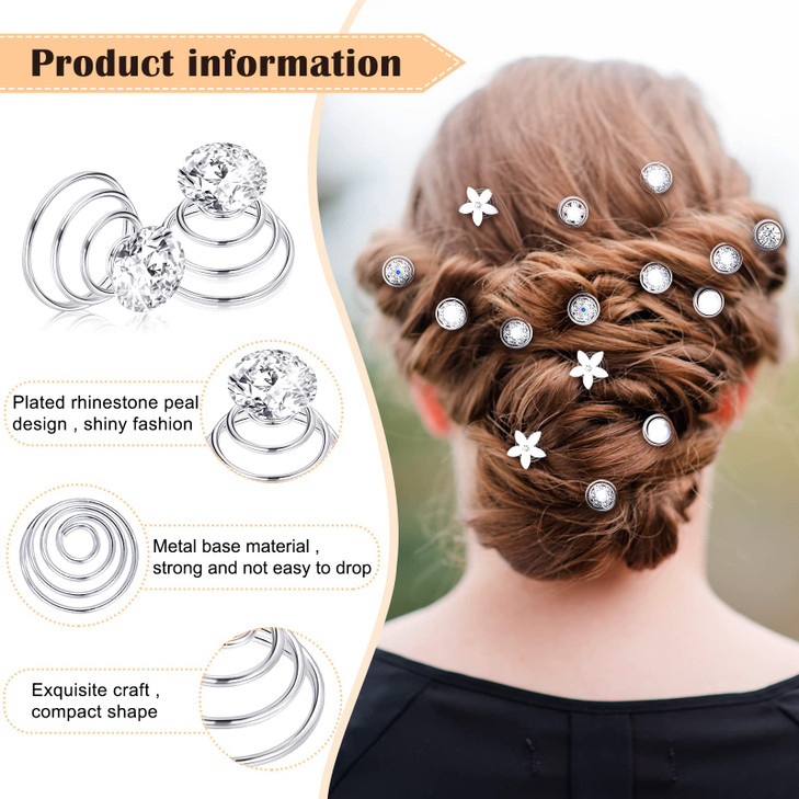 108 Pcs 7 Styles Wedding Crystal Twisters Spiral Set Bridal Rhinestone Hair Pins Silver Coil Pearl White Flower Hair Gem
