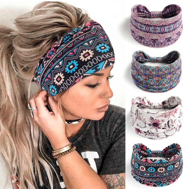 FULZTEY Boho Headbands for Women Chic Floral Printed Hairbands Wide Knotted Turban Elastic Yoga Running Workout Headband
