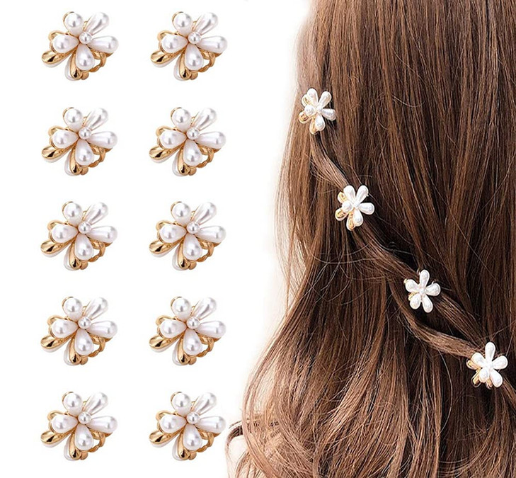 10 Pcs Small Mini Pearl Claw Clips with Flower Design Sweet Artificial Bangs Clips Decorative Hair Accessories for Women