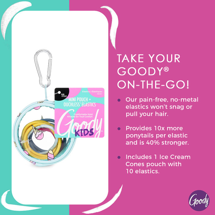 GOODY Kids Ouchless Elastics with Mini Pouch 11 Count Ice Cream Print for All Hair Types Hair Accessories for Women and