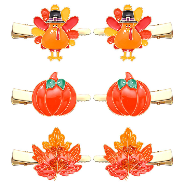 HZEYN 6 Pack Thanksgiving Hair Clip Fall Pumpkin Maple Leaf Turkey Hair Clips for Women Autumn Fall Hair Barrette Access