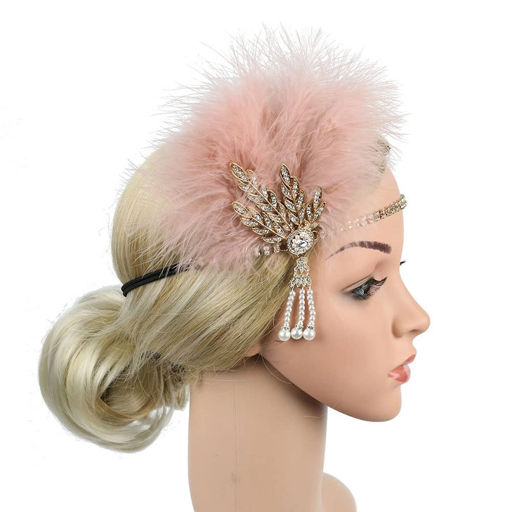 STIOEDYUAN 1920s Flapper Feather Headband Art Decor Gatsby Rhinestone Leaf Medallion imitation Pearl Headpiece Hair Acce