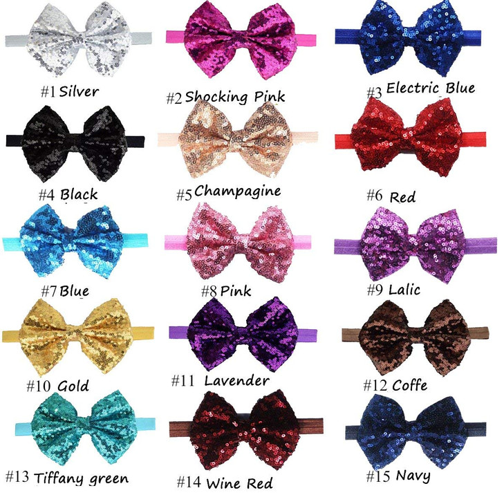 CellElection 15Pcs Baby Girls Headbands 4 Big Boutique Bling Sparkly Glitter Sequin Hair Bows Headband Elastic Hair Band