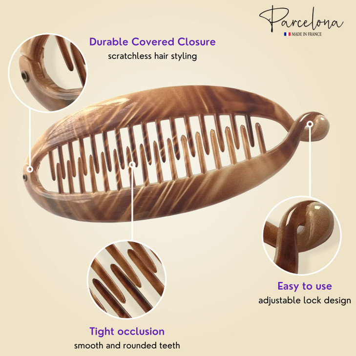 Parcelona French Beige in the Air Light Tortoise Shell 55 Celluloid Interlocking Ponytail Holder Strong No Slip Clips Fi