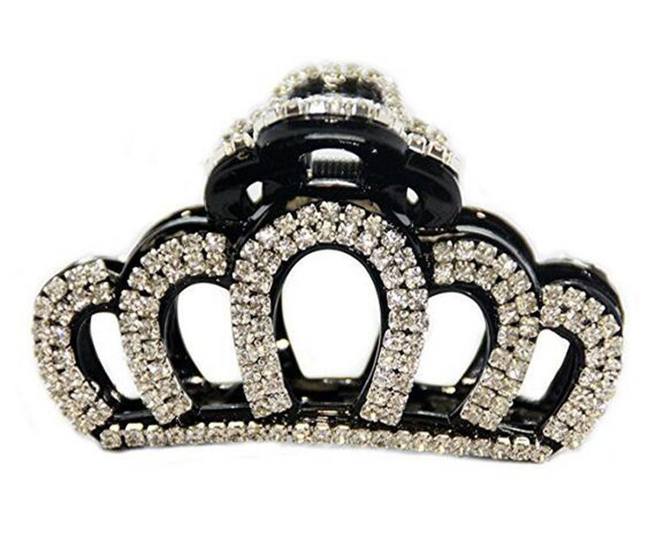 Girls Women Lady Elegant Crown Hairpin Large Fancy Rhinestones Claw Clip Jaw Clips for Thick Hair Black