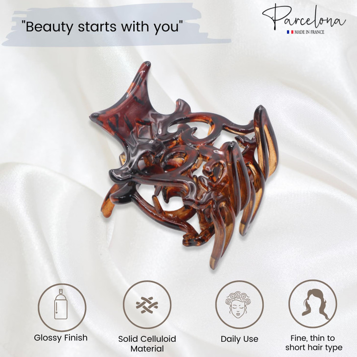 Parcelona French Intricate Four Teeth Tortoise Shell Brown Small 1 12 Celluloid Acetate Jaw Hair Claw Clip Non Slip Wome