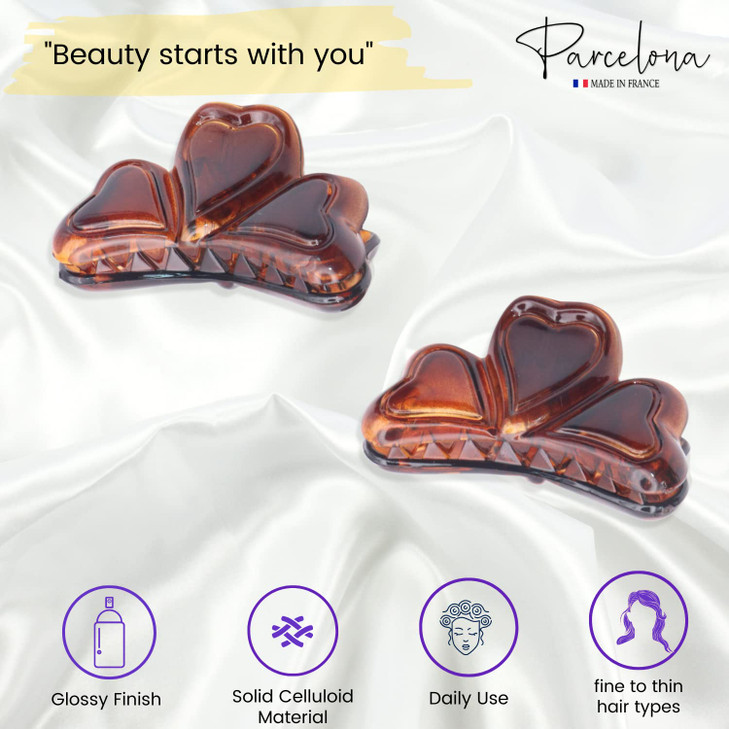 Parcelona French Love Hearts Very Small 1 34 Celluloid Acetate Set of 2 Claw Clips for Thin Hair Durable Fashion Hair St