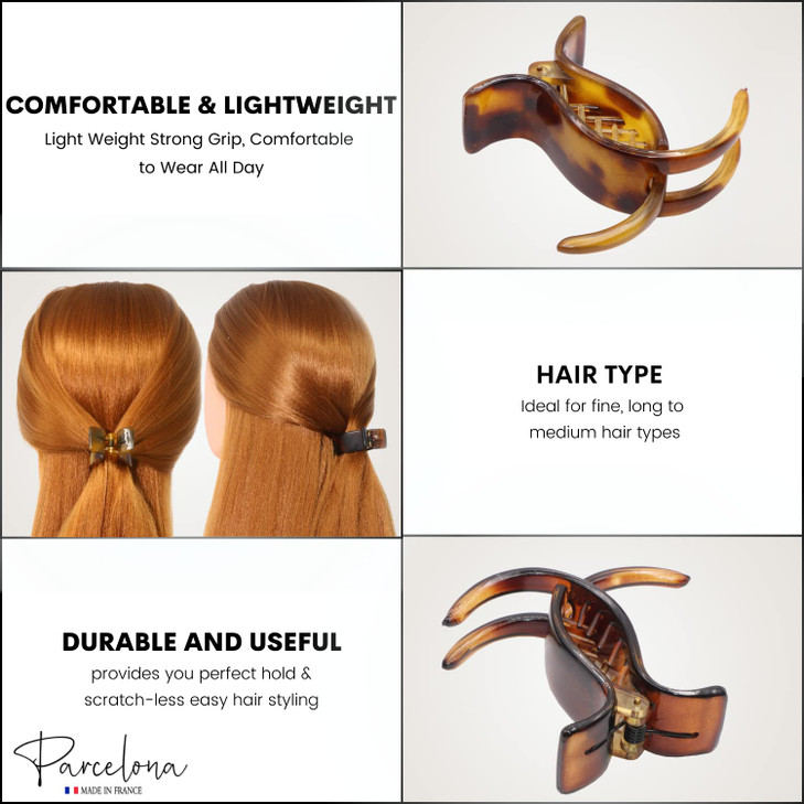 Parcelona French 3 Teeth Savana and Tortoise Shell Set of 2 Fish Style Ponytail Holder Strong Grip Jaw Hair Claw Clip Cl