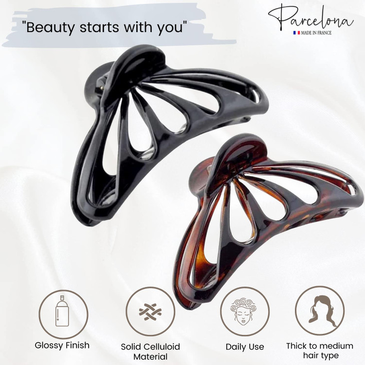 Parcelona French Rain Drop Large Both Shell and Black Color Celluloid Claw Jaw Hair Clip with Covered Spring 4 Inches