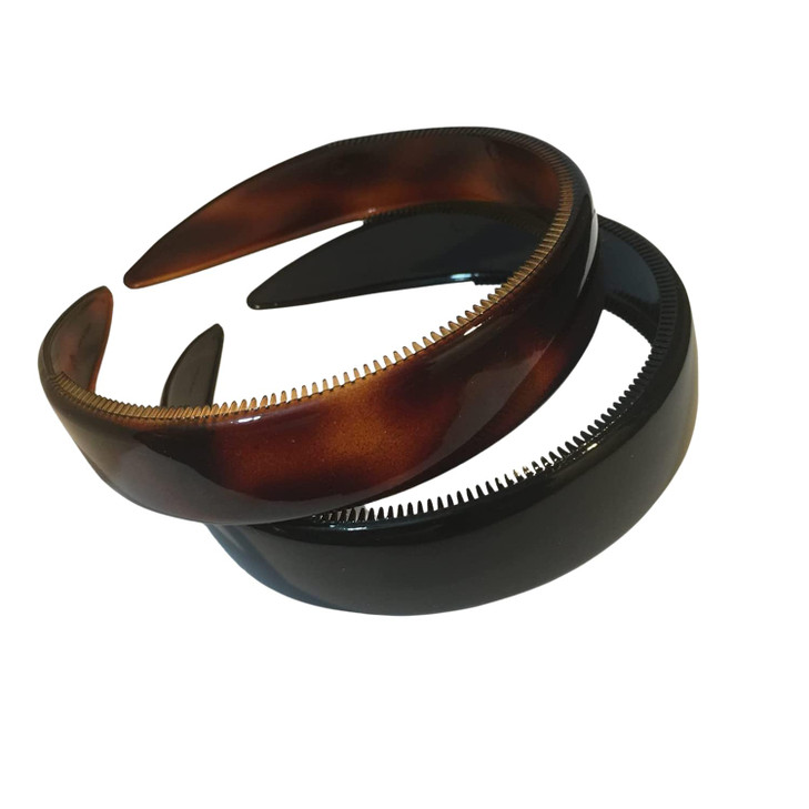 Parcelona French Set of 2 Wide 1 Inch Tortoise Shell Brown and Black Hair Headbands with Inner Teeth Nibs