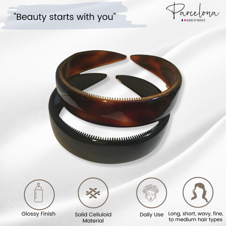 Parcelona French Set of 2 Wide 1 Inch Tortoise Shell Brown and Black Hair Headbands with Inner Teeth Nibs