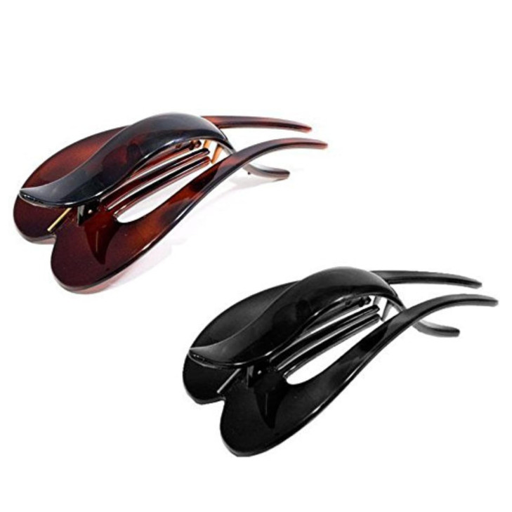 Parcelona French Pelican Shell and Black Celluloid Set of 2 Salon Hinge Hair Claw Clip Slide In Secure Grip Clamp Clutch