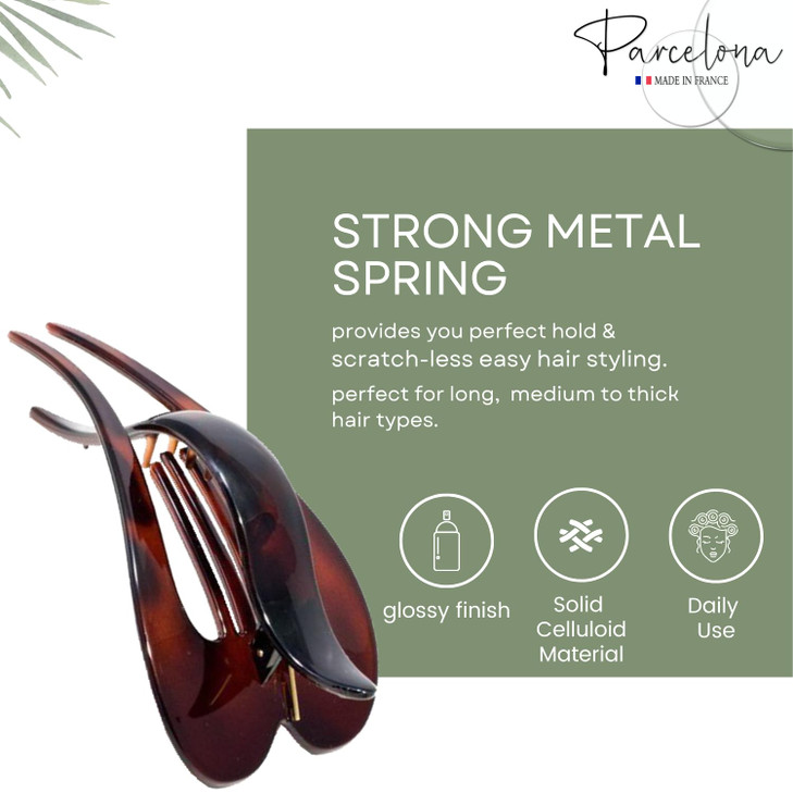 Parcelona French Pelican Shell and Black Celluloid Set of 2 Salon Hinge Hair Claw Clip Slide In Secure Grip Clamp Clutch
