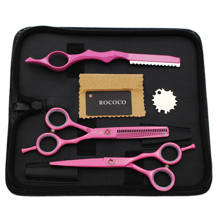 ROCOCO Professional 55 inch Pink Salon Hair Cutting Scissors and Hair Thinning Shears with Razor for Female HairdresserP