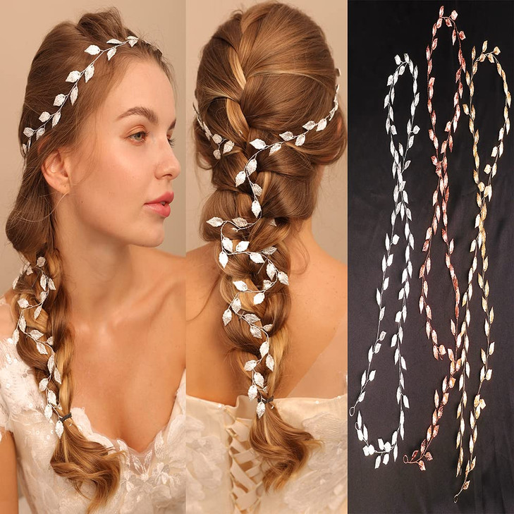Jumwrit Wedding Hair Vine Bridal Headband Extra Long Hair Vine Bridal Leaf Headpiece Wedding Hair Accessories for Brides