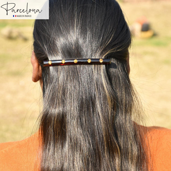 Parcelona French Long Narrow Crystals Large Celluloid Acetate No Slip Automatic Hair Clips Strong Hold Hair Barrette for