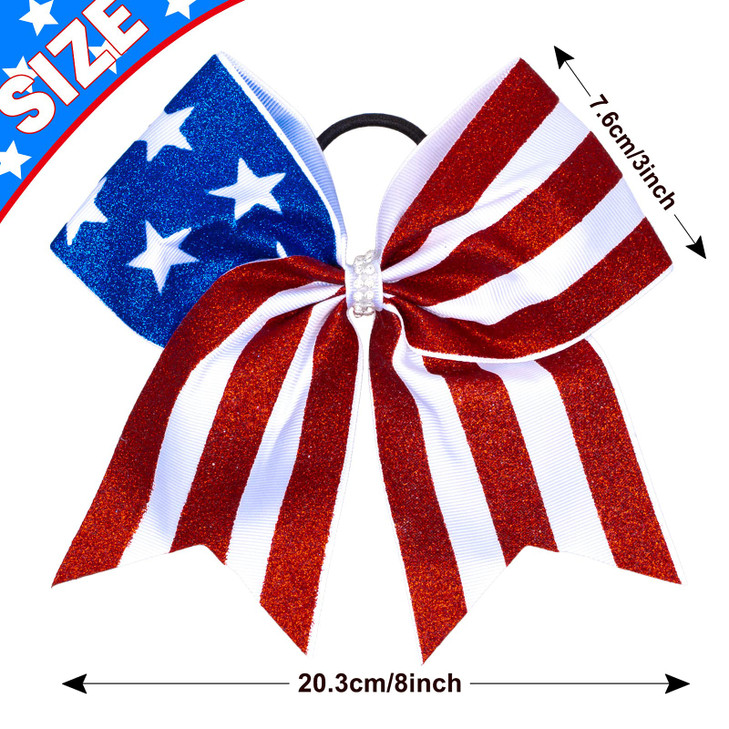Whaline 4th of July Glitter Cheer Hair Bows 8 Inch Patriotic Cheerleader Hair Bows with Elastic Ponytail Holder Stars an