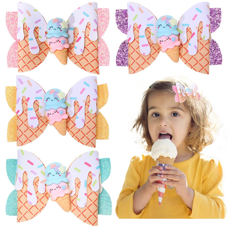 Whaline Ice Cream Glitter Bow Hair Clips 4Pcs Summer Hair Bow Barrette Colorful PU Leather Hairgrips Sparkly Alligator H