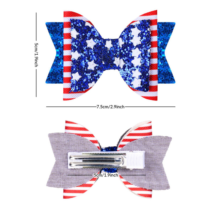 Whaline 4th of July Bow Hair Clips 6pcs Glitter American Flag Barrette Hair Bow Patriotic Stars and Stripes Hairgrips Ba