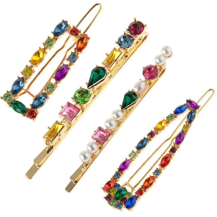 4Pcs Vintage Colourful Rhinestones Hair Clips Duckbill Alligator Hair Pins Crystal Pearl Hair Barrettes Elegant Metal Bo