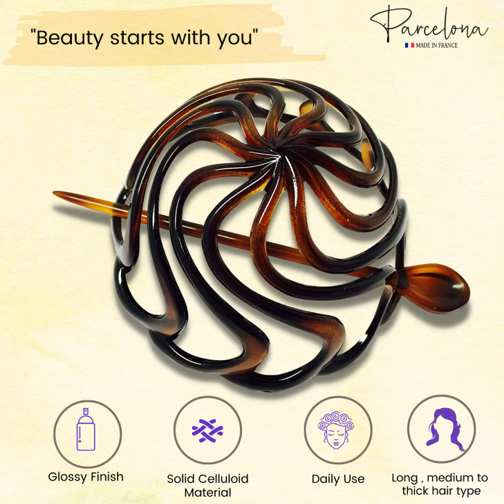 Parcelona French Swirls Celluloid Chignon Hair Slide Pin Thru 35 Bun Cover Ponytail Round Hair Clips for Women Styling G