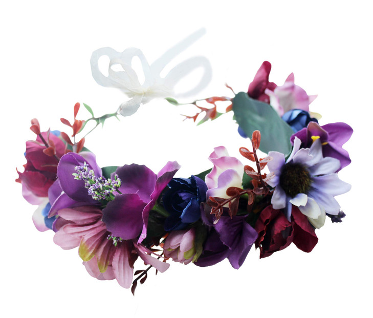 LLinfflr Women Floral Crown Boho Flower Headband Hair Wreath Floral Halo Headpiece with Ribbon Wedding Party Photos Purp