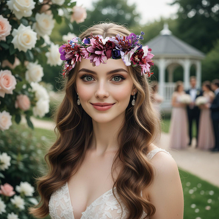 LLinfflr Women Floral Crown Boho Flower Headband Hair Wreath Floral Halo Headpiece with Ribbon Wedding Party Photos Purp