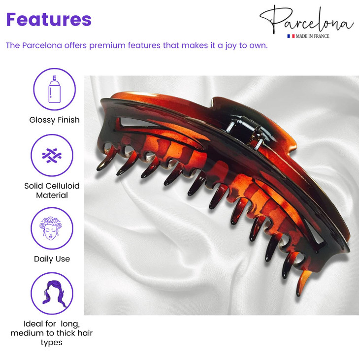 Parcelona French Bend Narrow Large Jumbo 6 Tortoise Shell Cellulose No Slip Grip Covered Spring Jaw Hair Claw Clip Clamp