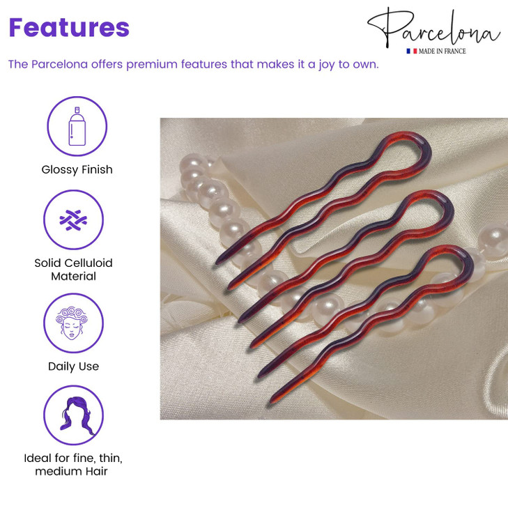 Parcelona French Slick Medium 3 Inch Tortoise Shell Wavy Crink U Shaped Chignon Bun Hair Pin 3 Pins ShellBrown