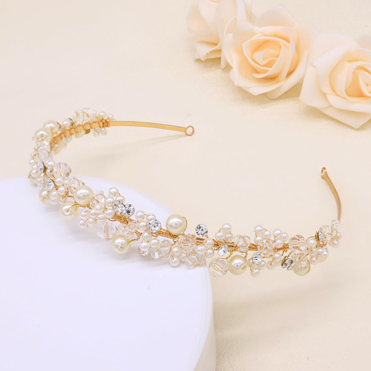 Oriamour Bridal Headband With Pearls Wedding Headpieces For Brides Crystal Party Hair Accessories For Women Gold