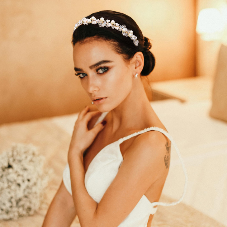 Oriamour Bridal Headband With Pearls Wedding Headpieces For Brides Crystal Party Hair Accessories For Women Gold