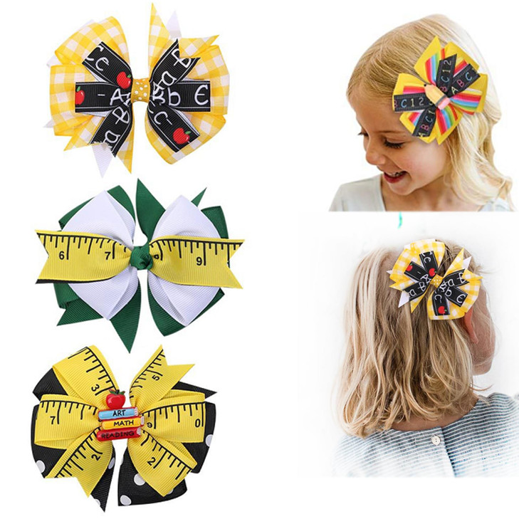 AsggBah 3pcs Back to School Pencil Bow Hair Clips Colorful Grosgrain Hairgrips Alligator Clips for First Day of School T