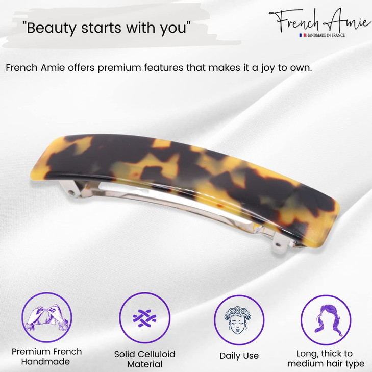 French Amie Oblong Handmade 35 Celluloid No Slip Hair Clip Barrette for Women Made in France Tokyo Shell