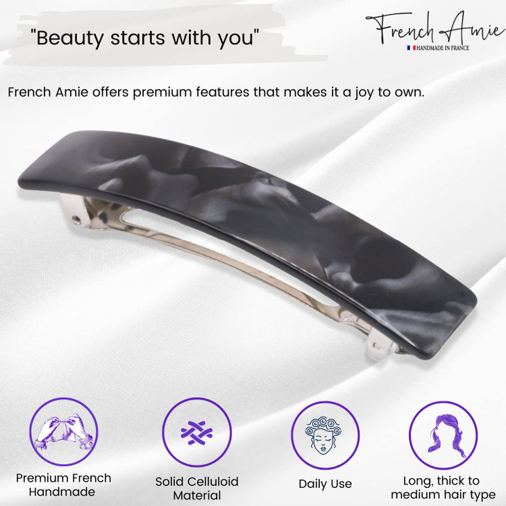 French Amie Oblong Handmade 35 Celluloid Hair Barrette Clip Women Hair Accessories Made in France Black Finish