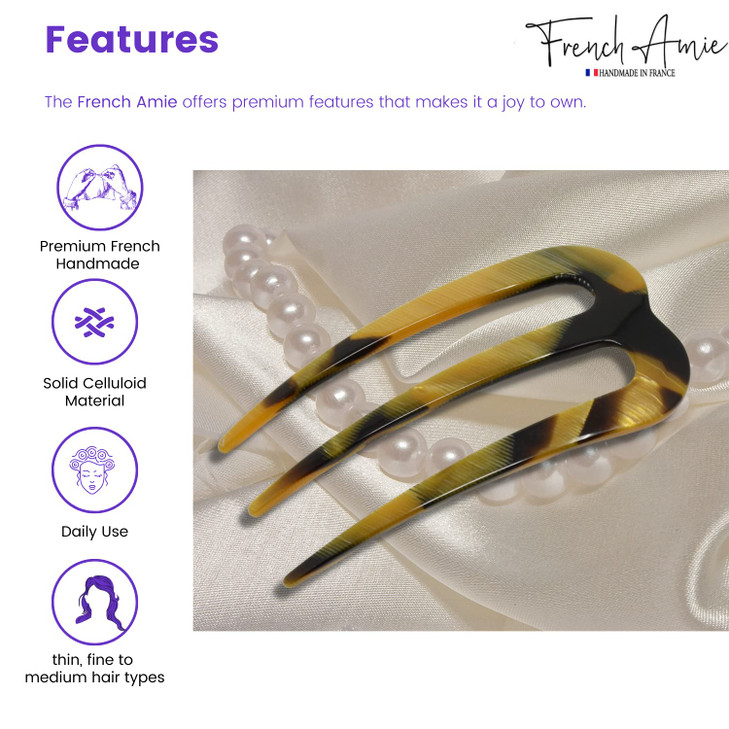 French Amie Tri Prongs 3 Medium Handmade Cellulose French Twist Stick Clip Pins 3Prong Hair Fork for Girls Spiral Updo C