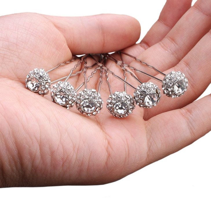 Ammei Headpiece Bridal Hair Pins Set Of 6 Bobby Pins Style With Sparkly Rhinestone For Wedding Parties Silver