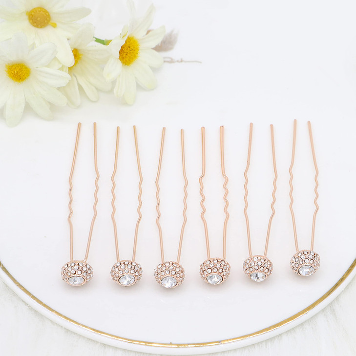 Ammei Headpiece Bridal Hair Pins Set Of 6 Bobby Pins Style With Sparkly Rhinestone For Wedding Parties Rose Gold