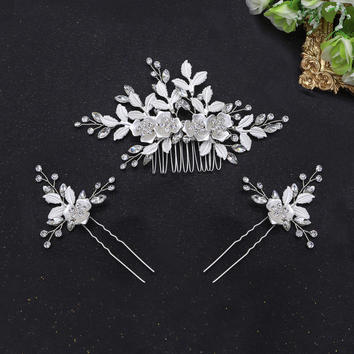 Oriamour Hair Side Combs With 2 Set Hair Pins Bridal Hair Accessories Wedding Headpiece Set Silver