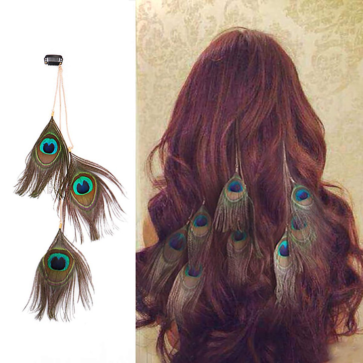 3PCS Handmade Peacock Feather Hippie Hair Extension Headdress Headband Bohemia Feather Hair Clips Comb Hairpin Headdress