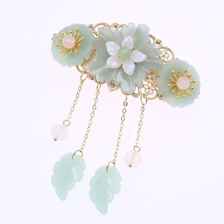 MIAO WU Chinese Style Hair Clip Ponytail Holder Long Tassel Hair Hairpin Jade Flower Pearl for Women Hanfu Cosplay Hair