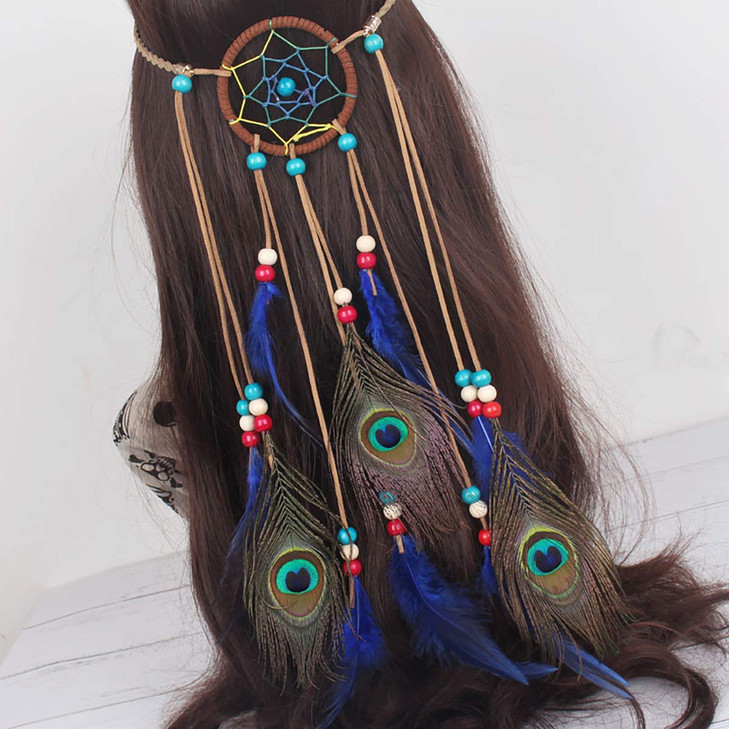 Fodattm Bohemian Peacock Feather Headband Fascinator Dreamcatcher Headdress Hippie Headwear Headpiece Handmade Tribal In