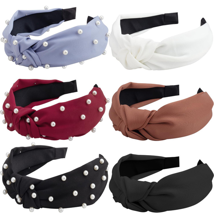 Deoot 6 PCS Pearl Headbands for Women with Fabric Knotted Headbands Fashion Wide hairband Headbands Non Slip Head Bands