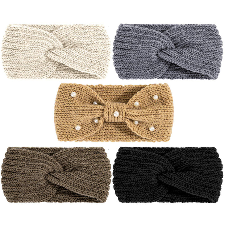 Whaline 5 Pieces Winter Knit Headbands Chunky Knit Headbands4 Elastic Turban Head Wraps and 1 Pearl Crochet Hair Band Ea