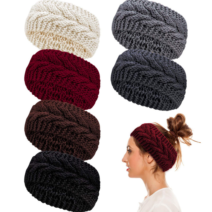 Whaline 6 Pieces Twist Knitted Headbands Winter Ear Warmers Crocheted Turban Head Wraps Elastic Hair Band Accessories Ha