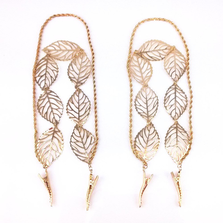 yueton 2pcs Fashion Ladies Hollow Out Leaves Gold Chain Alligator Clips Barrettes Bobby Pin Hair Clips Bride Headwear Ed