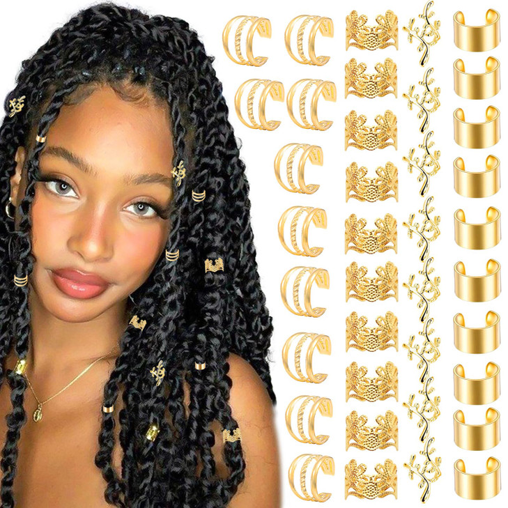 VENOFEN 40PCS Gold Hair Jewelry for Braids Multi Style Hair Cuffs Adjustable Braid Jewelry NonPiercing Ear Clips Loc Dre