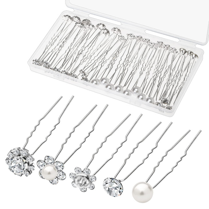 40 Pack Wedding Pearl Hair Pins for Bridal Silver Pearl Rhinestone Hair Pins Wedding Hair Decorations Accessories for Br