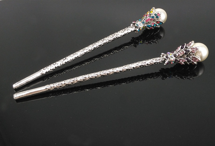 yueton Pack of 2 Vintage Rhinestone Pearl Hair Stick Vintage Hair Chopsticks Hairpin Chignon Pin PinkColorful